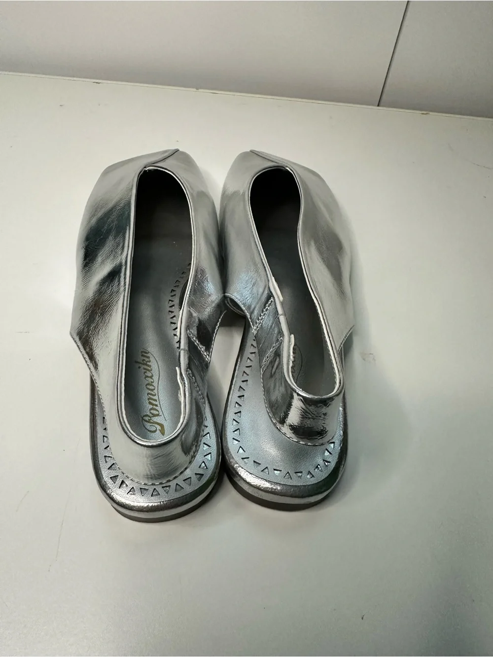 Pomoxin Women’s Silver Slingback Flats Square Toe Strappy Faux Leather Sx 7